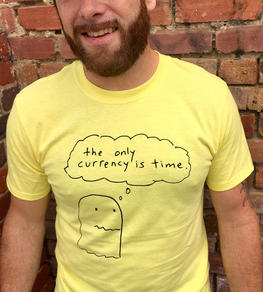 'the only currency is time' Short Sleeve Unisex T-Shirt - Cornsilk Yellow